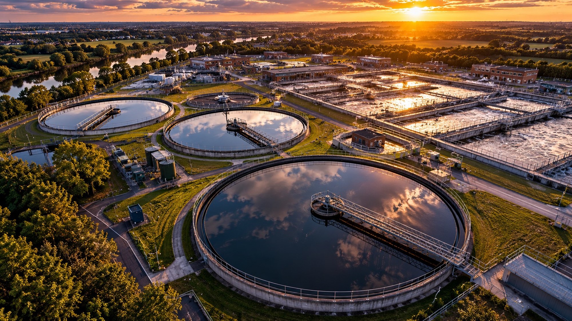 A wastewater treatment works from the air at sunset