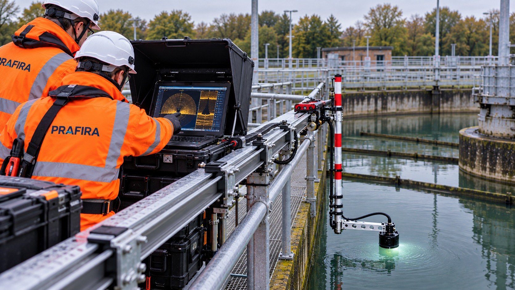 Sonar entering the water at the tank side with engineers watching the live image