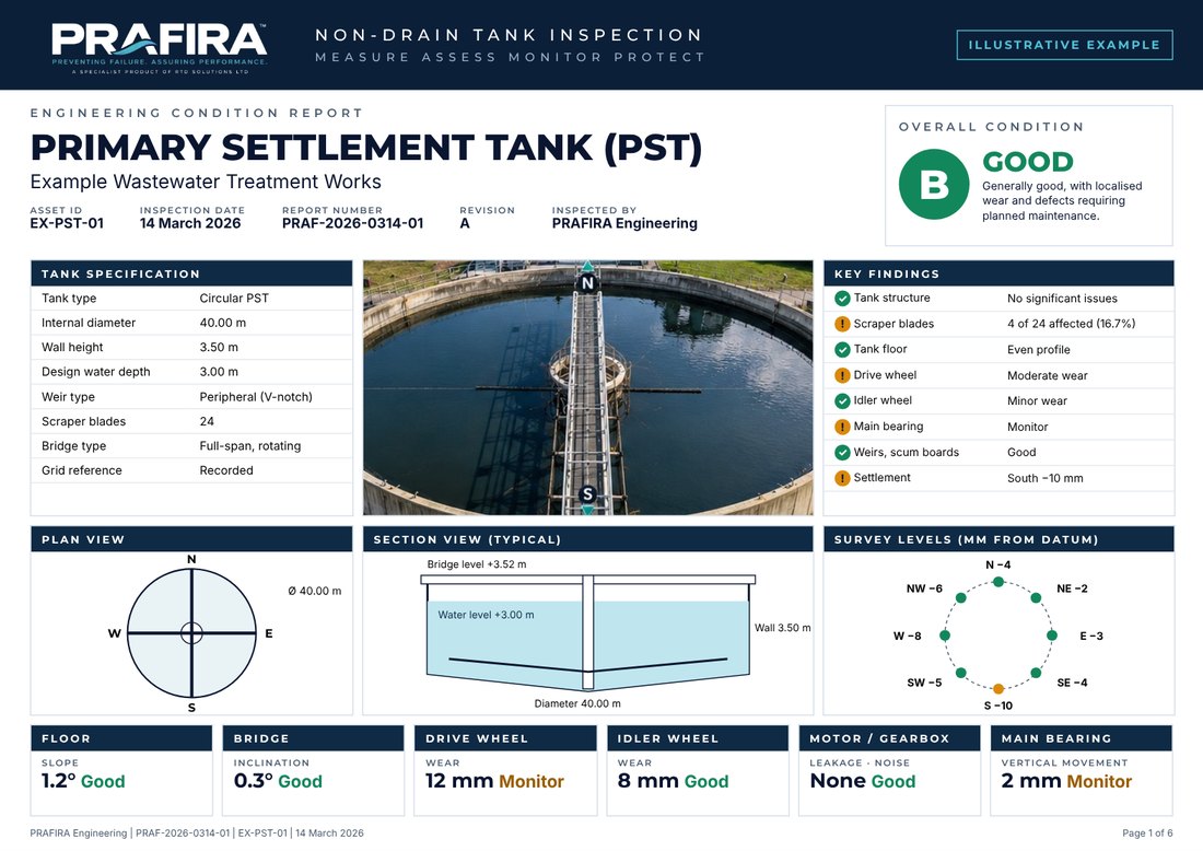 Report page one: asset summary, condition grade, plan and section views, survey levels