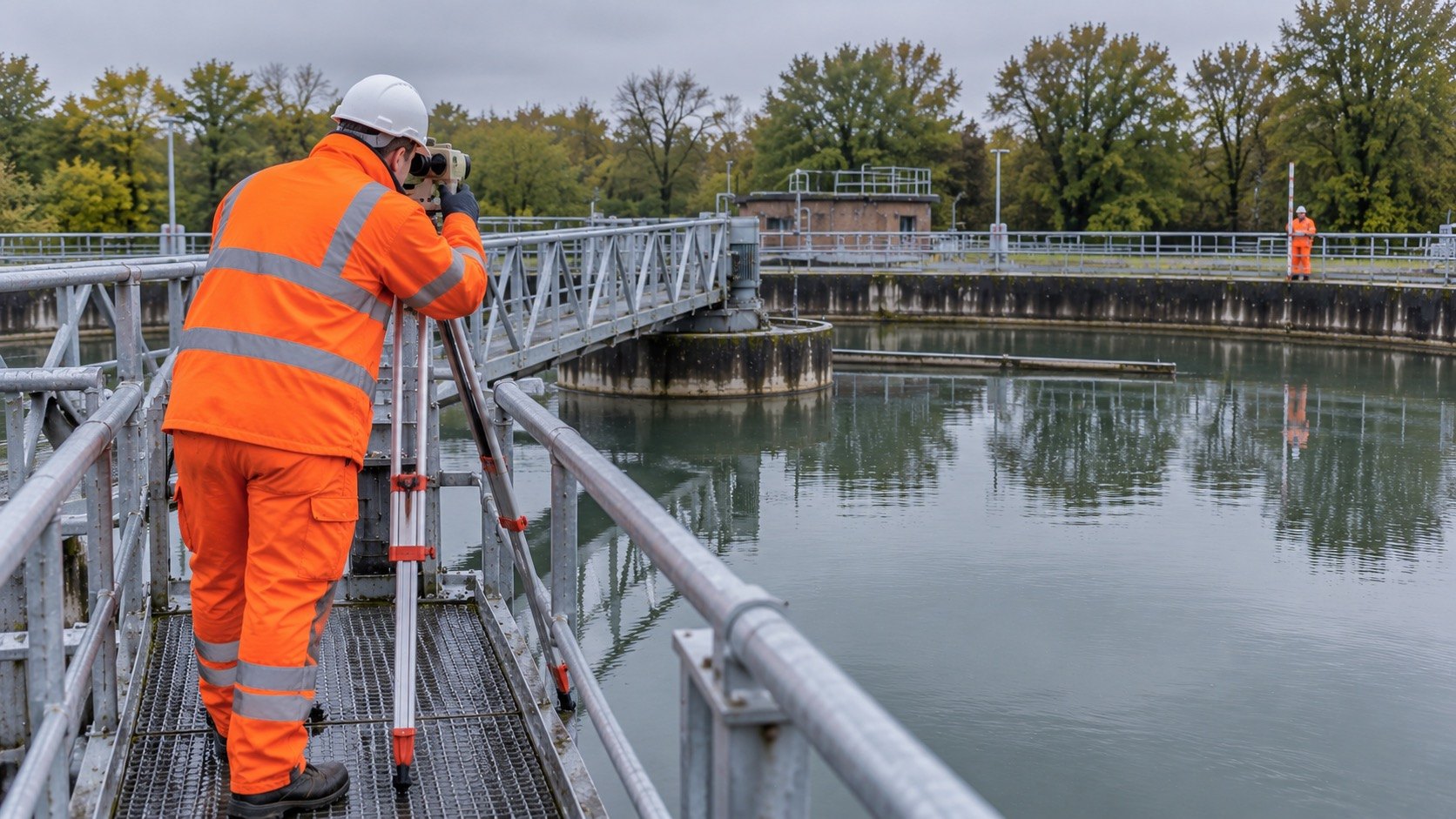 Engineer taking a level reading on a scraper bridge